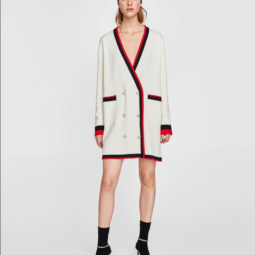 Zara white blue red pearl button cardigan m
